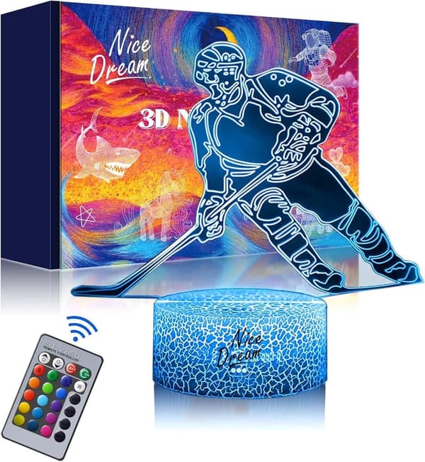 3D Illusion Hockey Player Night Light for Kids with Remote Control