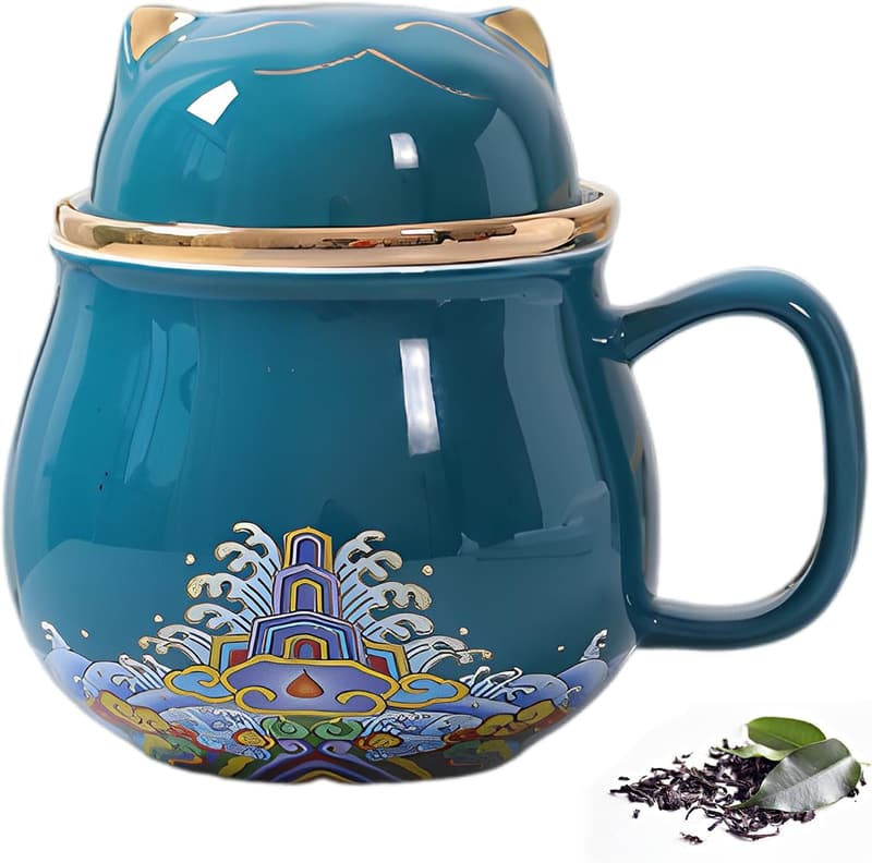 Cute Cat Ceramic Tea Cup with Lid & Filter, 10.8oz