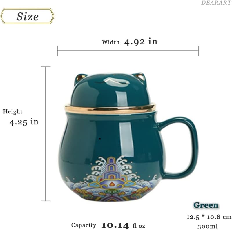 Cute Cat Ceramic Tea Cup with Lid & Filter, 10.8oz