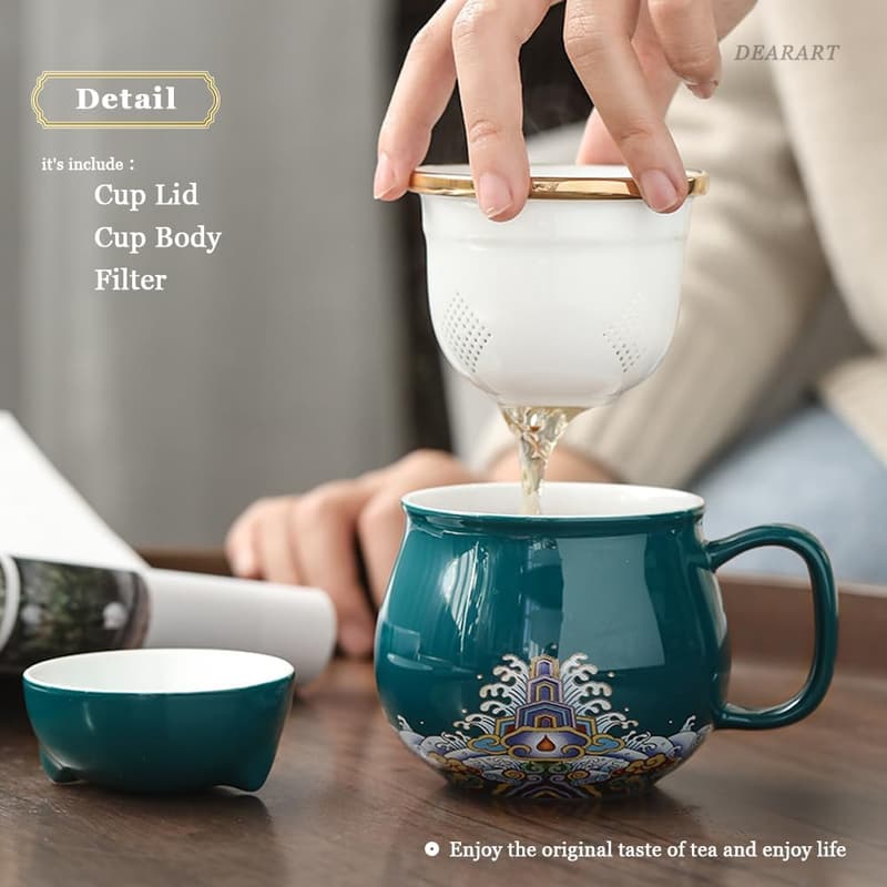 Cute Cat Ceramic Tea Cup with Lid & Filter, 10.8oz