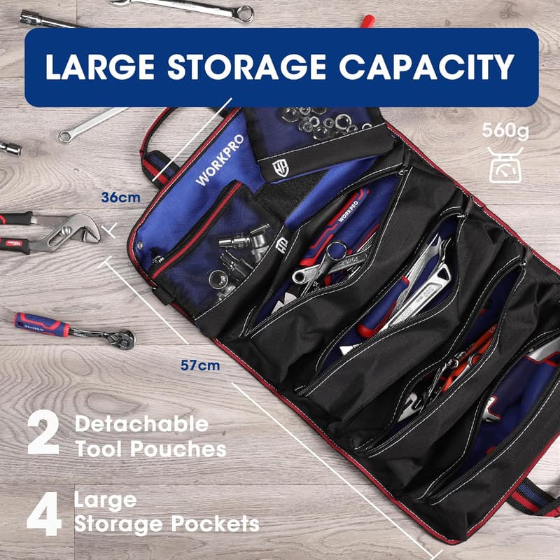 Heavy-Duty Tool Roll Organizer with Detachable Pouches