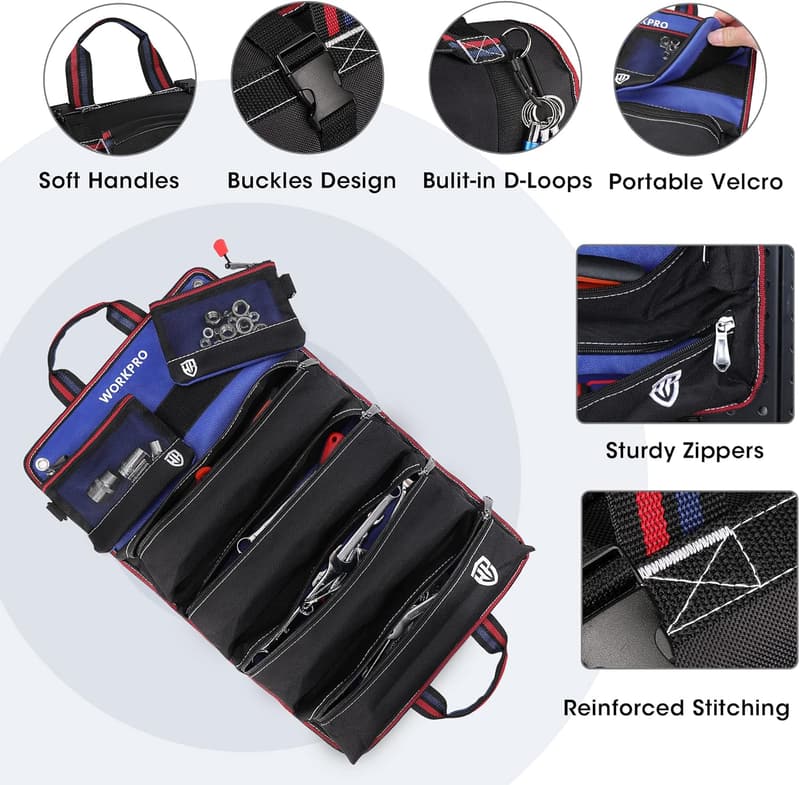 Heavy-Duty Tool Roll Organizer with Detachable Pouches