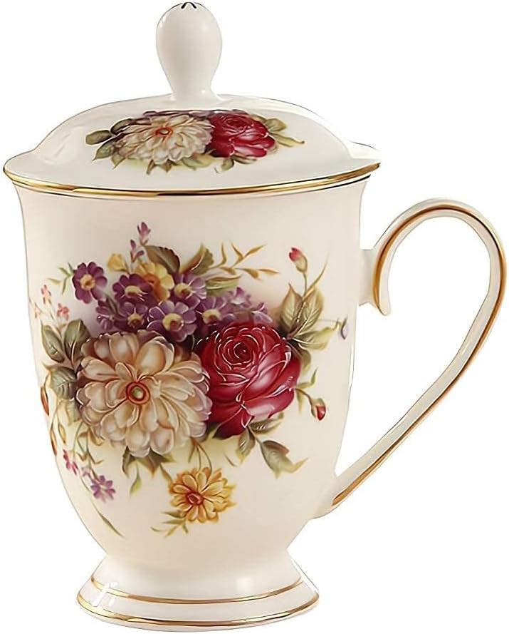 Fine Bone China Tea Mug with Lid - 10 oz for Women