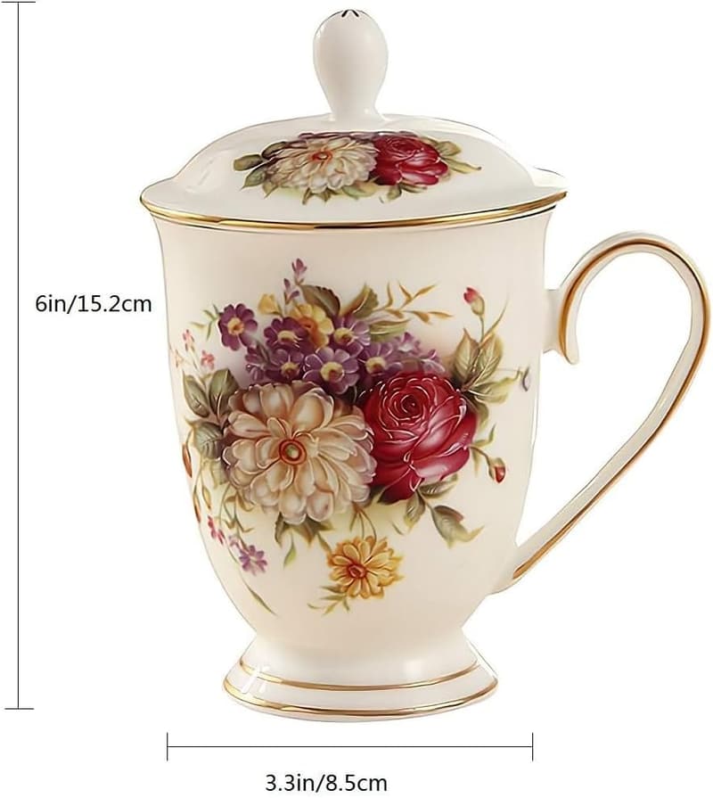 Fine Bone China Tea Mug with Lid - 10 oz for Women