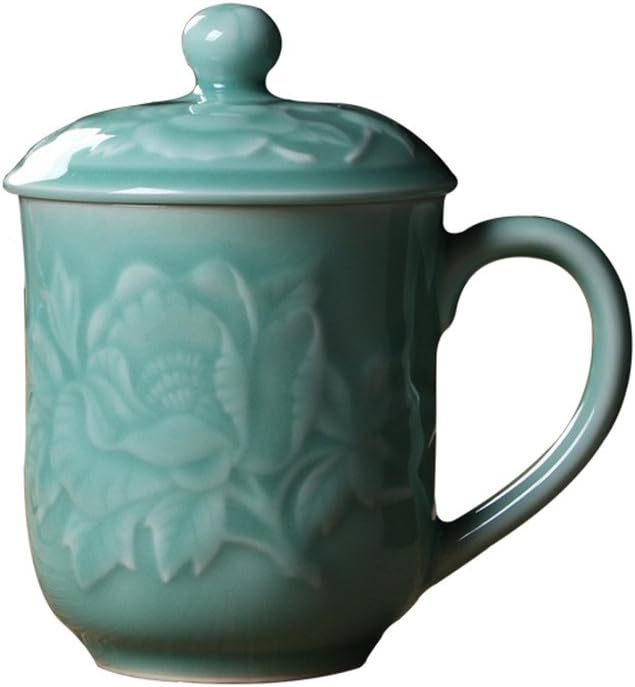 Peony-Embossed 13oz Porcelain Teacup with Lid