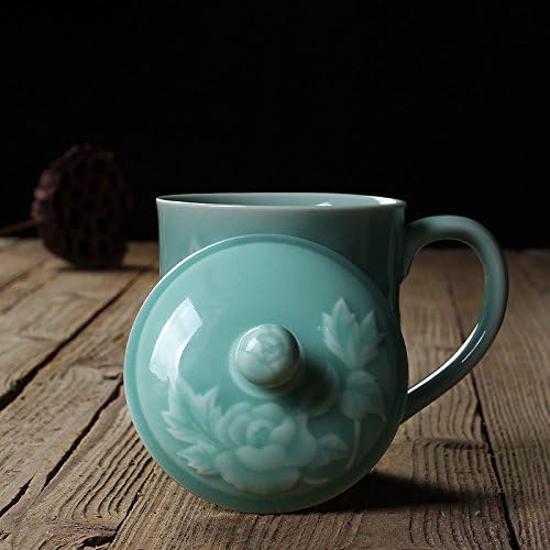 Peony-Embossed 13oz Porcelain Teacup with Lid