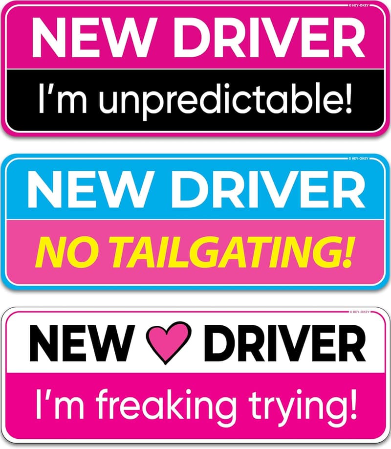 Funny Pink New Driver 3-Pack Reflective Bumper Stickers