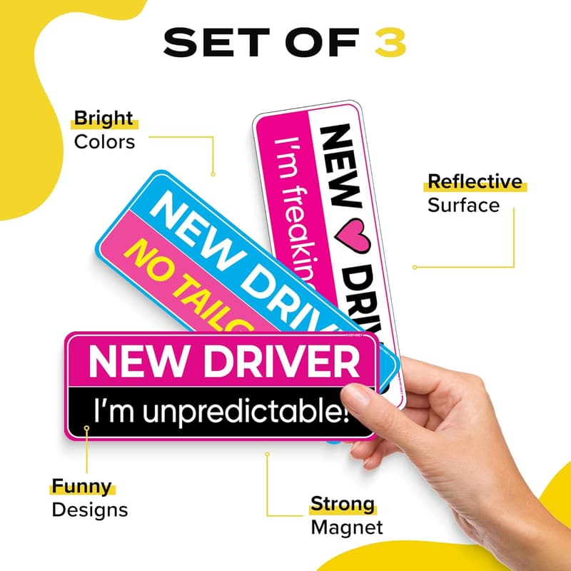 Funny Pink New Driver 3-Pack Reflective Bumper Stickers