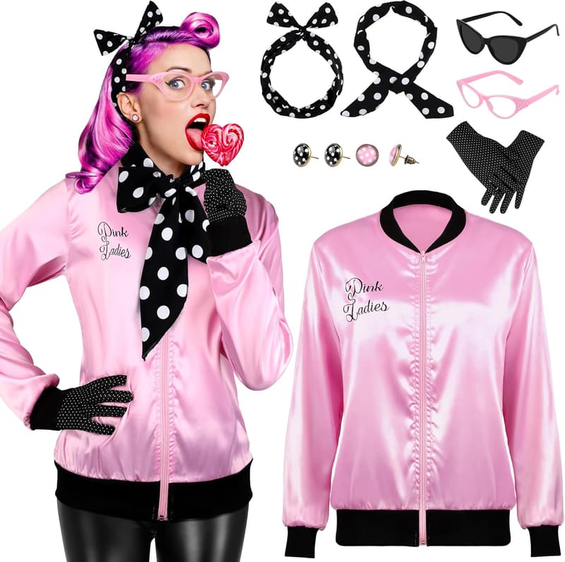 1950s Women's Pink Satin Jacket Costume Set with Accessories