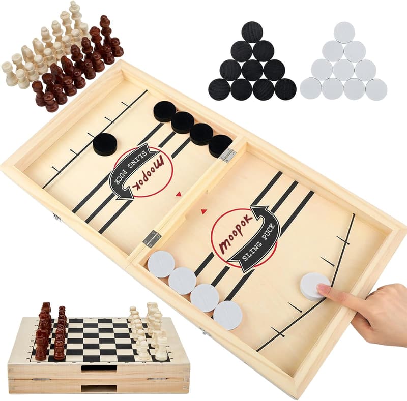Fast Sling Puck Game - 2-in-1 Wooden Air Hockey for Family Fun