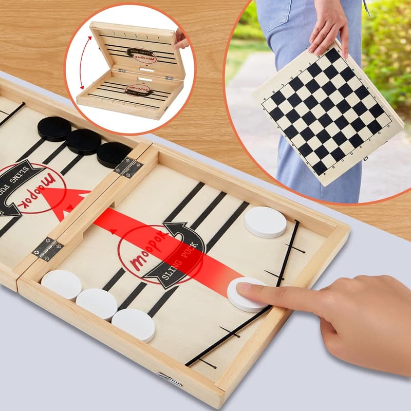 Fast Sling Puck Game - 2-in-1 Wooden Air Hockey for Family Fun