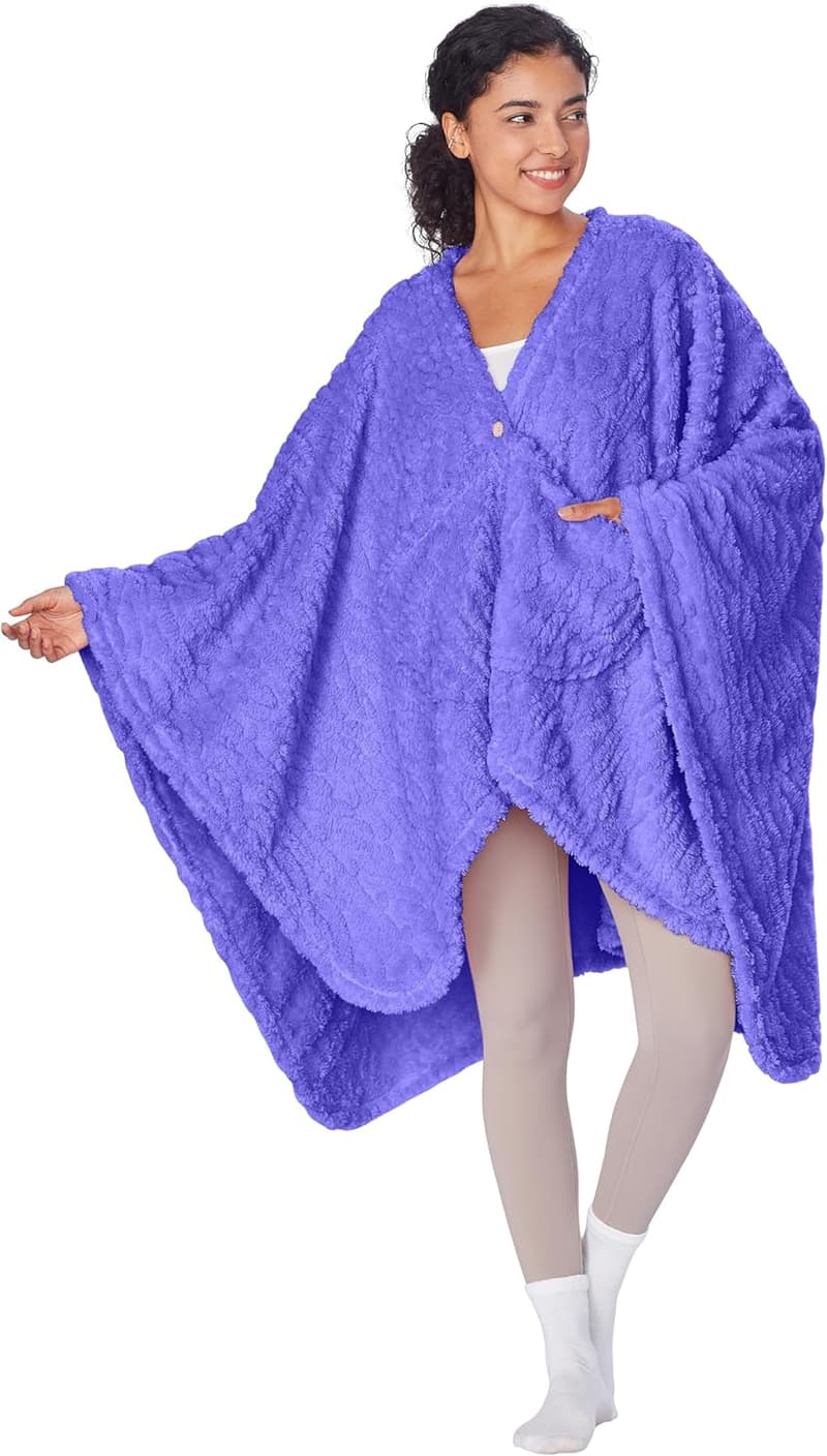 Soft Fleece Poncho Blanket Cape with Pockets for Women