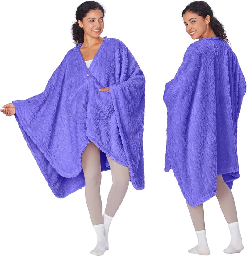 Soft Fleece Poncho Blanket Cape with Pockets for Women