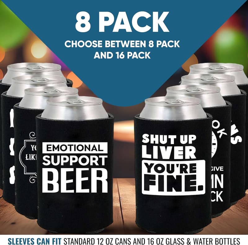 Funny Beer Can Sleeve Coolers - 8 Pack Insulated Drink Huggers