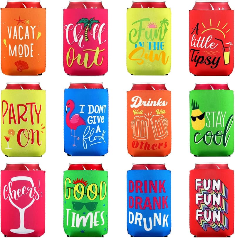 Beach-Themed Neoprene Can Cooler Sleeves - 12 Pack
