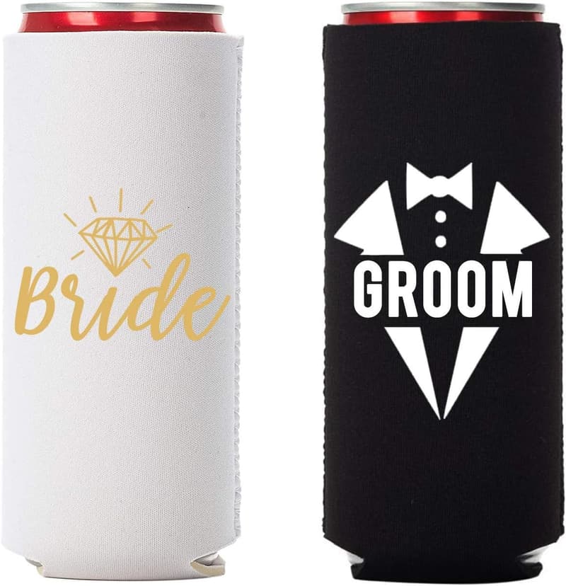 Cute Wedding Can Coolers Set - Bride and Groom Design