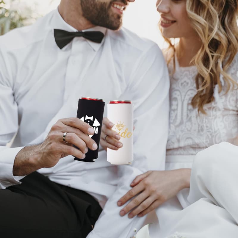 Cute Wedding Can Coolers Set - Bride and Groom Design
