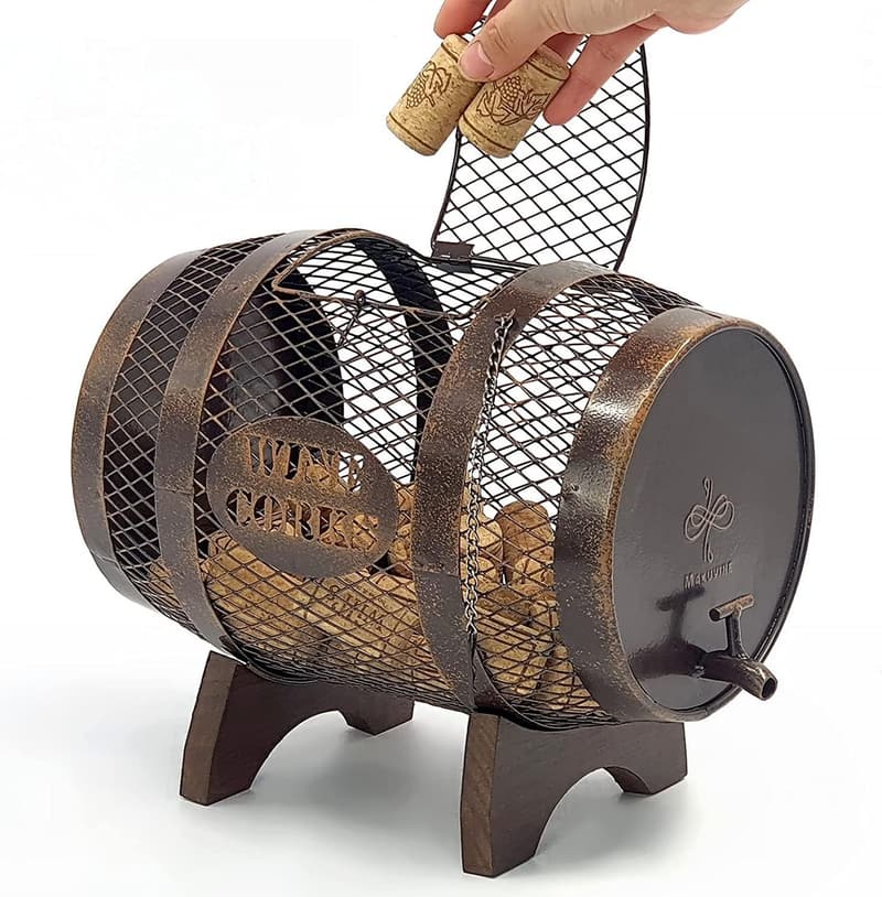 Rustic Metal Wine Cork Holder on Wooden Stand - Home Decor