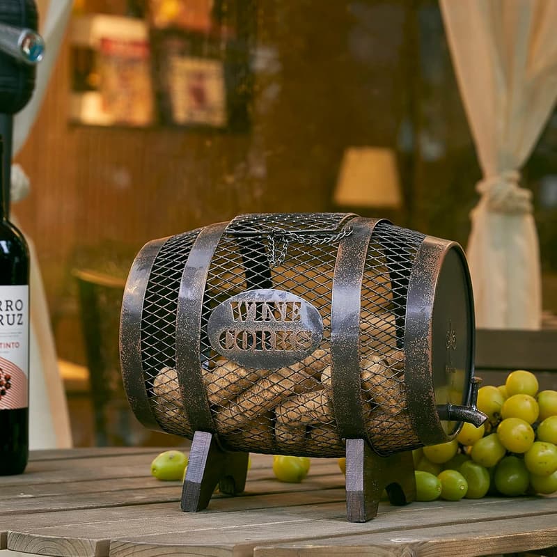 Rustic Metal Wine Cork Holder on Wooden Stand - Home Decor