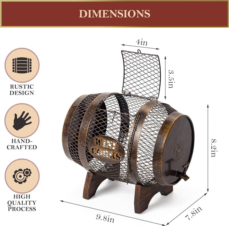 Rustic Metal Wine Cork Holder on Wooden Stand - Home Decor