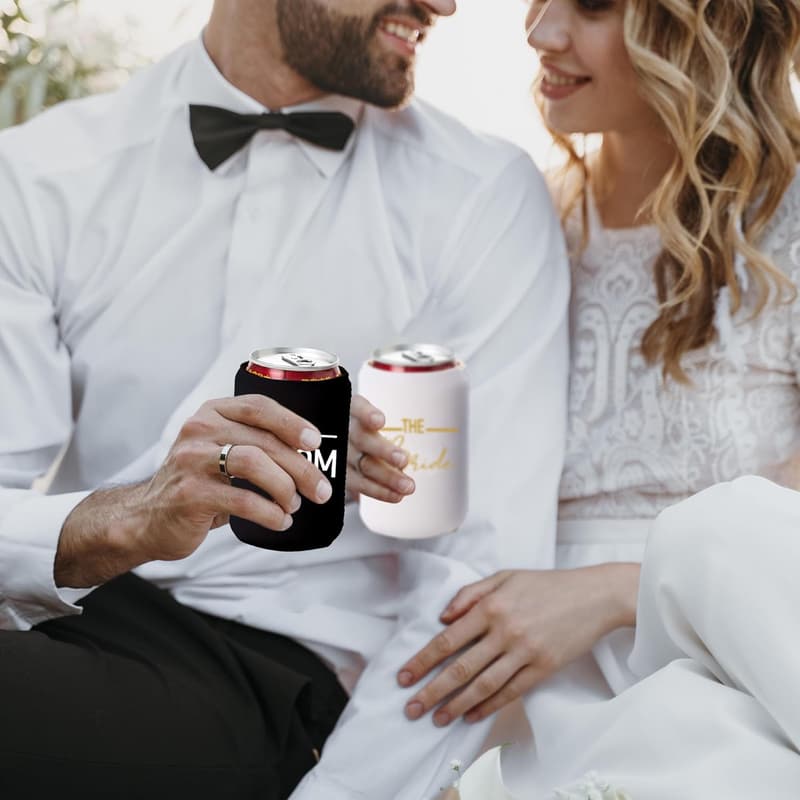 Bride and Groom Can Coolers - Black and White Beer Coolies