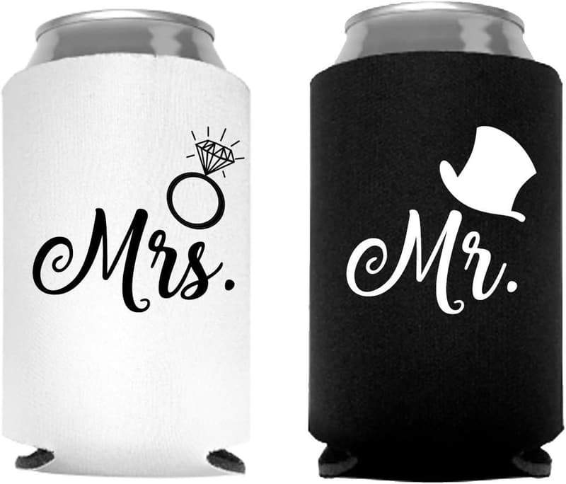 Wedding Can Coolers Set - Mr. and Mrs. Black and White