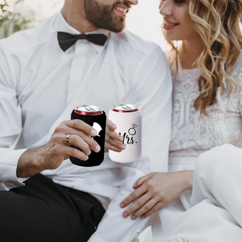 Wedding Can Coolers Set - Mr. and Mrs. Black and White