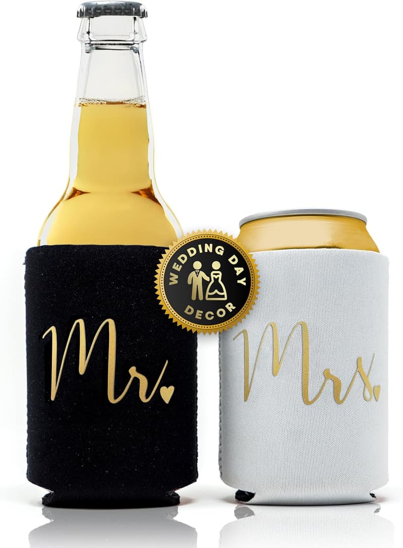 Just Married Wedding Can Coolers - Gold Gifts for Couples