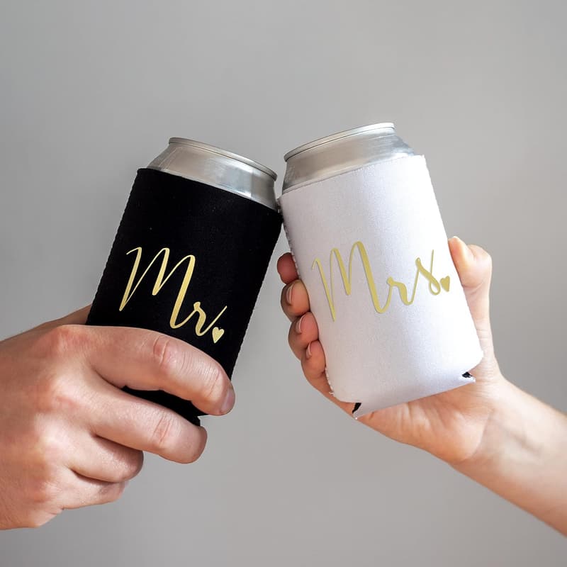 Just Married Wedding Can Coolers - Gold Gifts for Couples