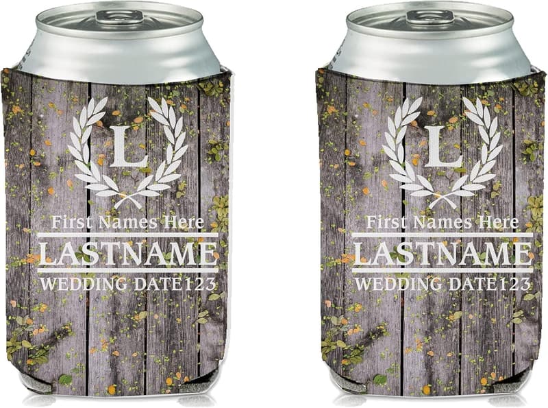 Custom Wedding Can Coolers with Laurel and Initial (100)