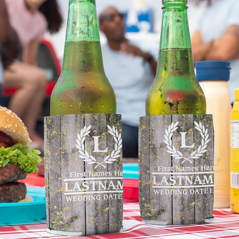 Custom Wedding Can Coolers with Laurel and Initial (100)