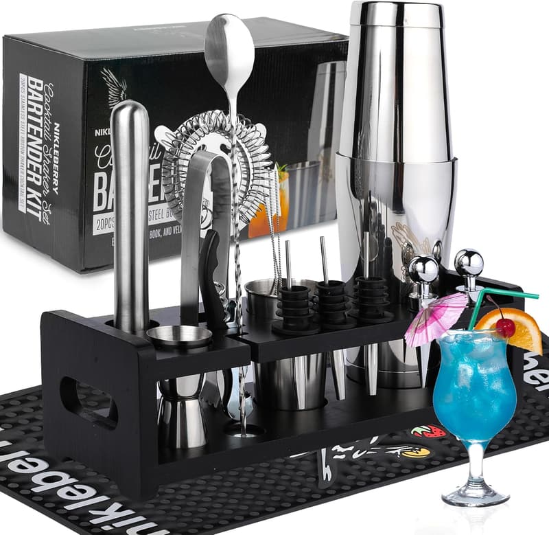 Premium Cocktail Shaker Set with Stand & Bar Mat for Mixology