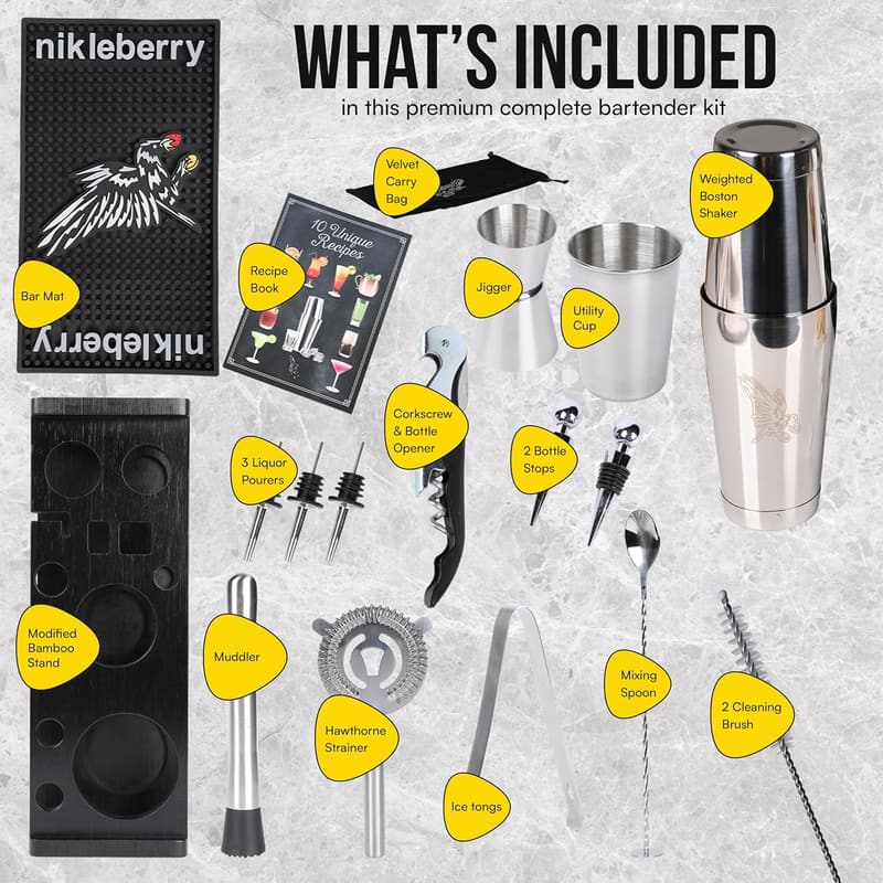 Premium Cocktail Shaker Set with Stand & Bar Mat for Mixology