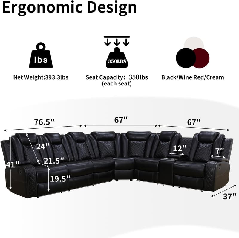 Leather Power Recliner Sectional Sofa with LED Lights & Cup Holders