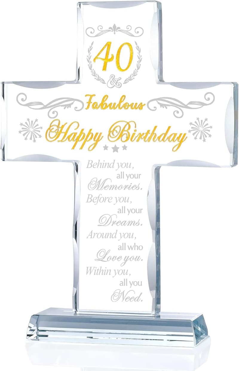 40th Birthday Glass Cross Stand - Engraved Religious Gift