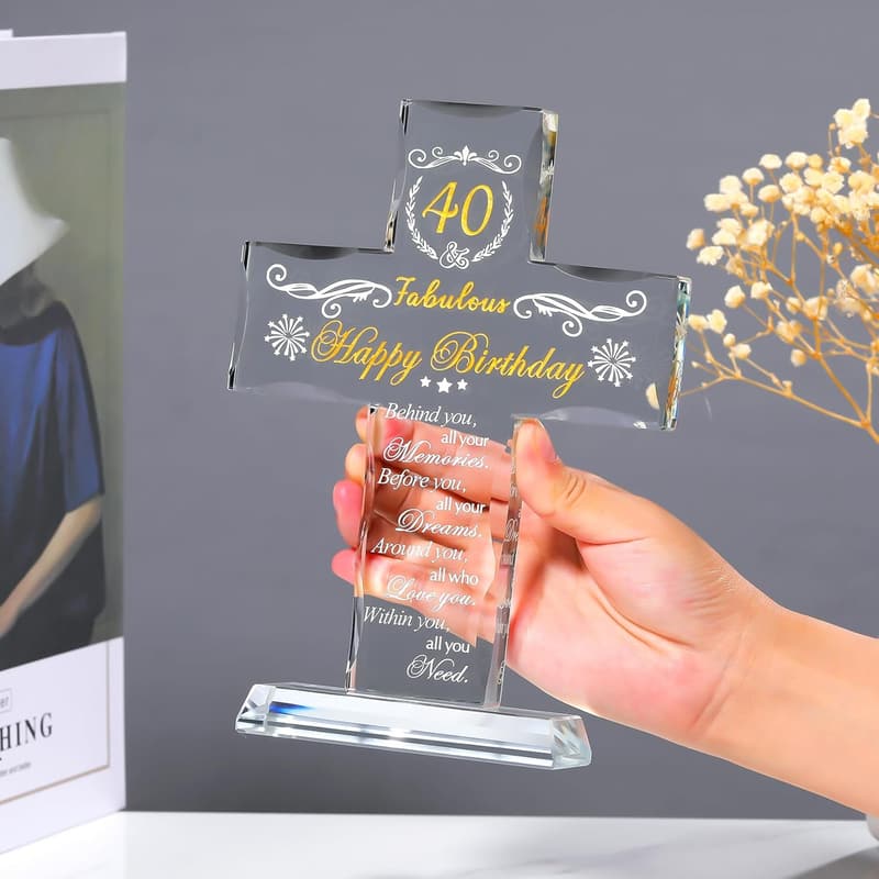 40th Birthday Glass Cross Stand - Engraved Religious Gift