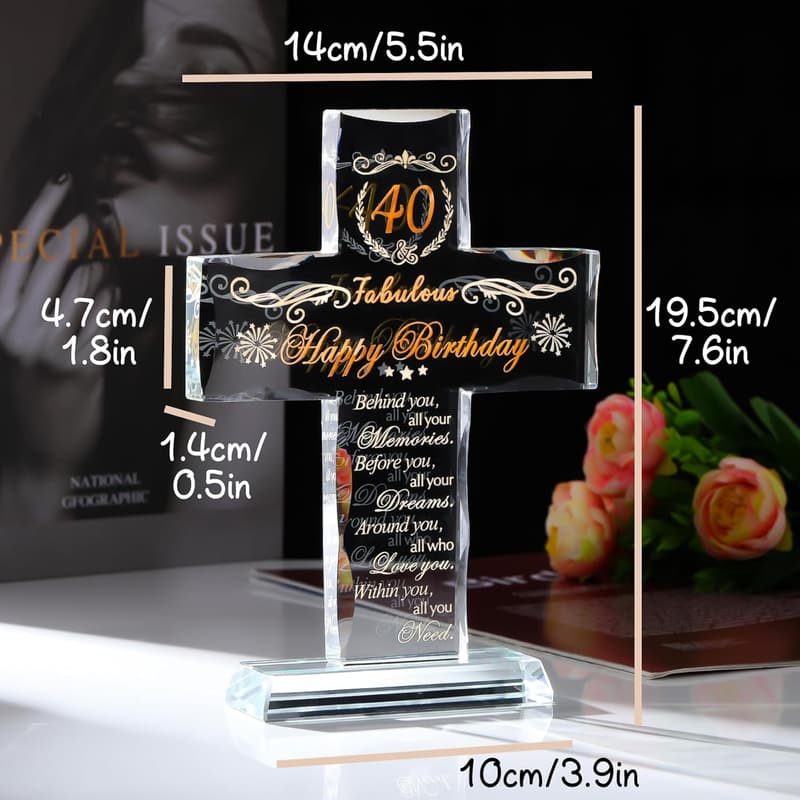 40th Birthday Glass Cross Stand - Engraved Religious Gift