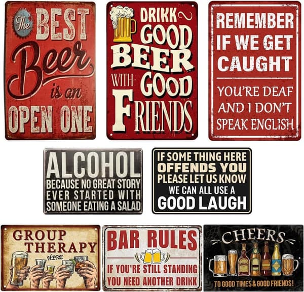 8-Pack Retro Metal Bar Signs for Man Cave Decor