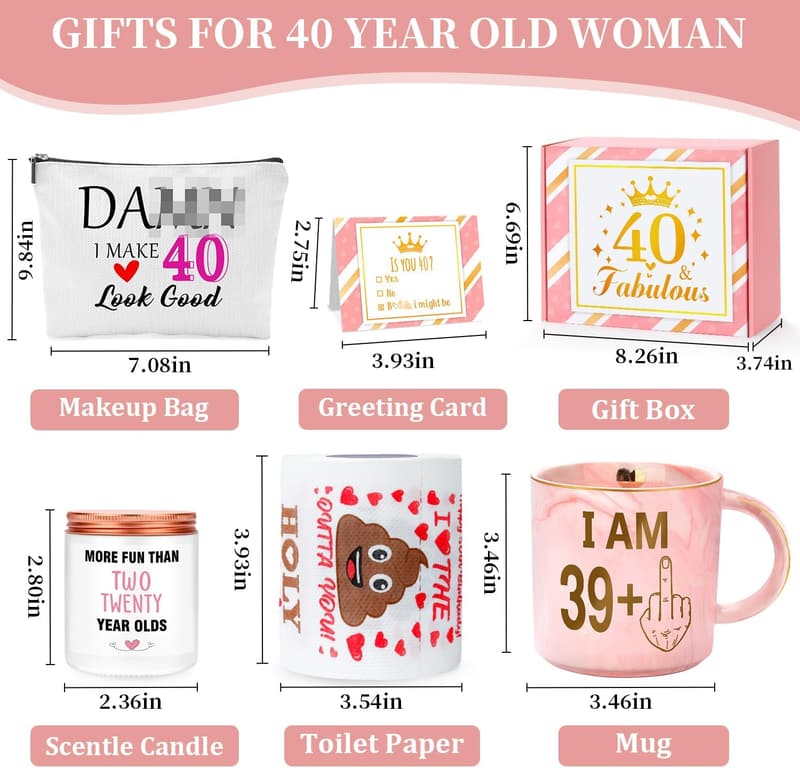 Funny 40th Birthday Gift Set for Women - Mug, Card, Makeup Bag