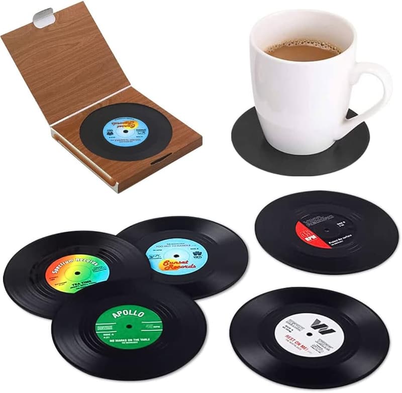 Vinyl Record Drink Coasters Set of 6 with Gift Box