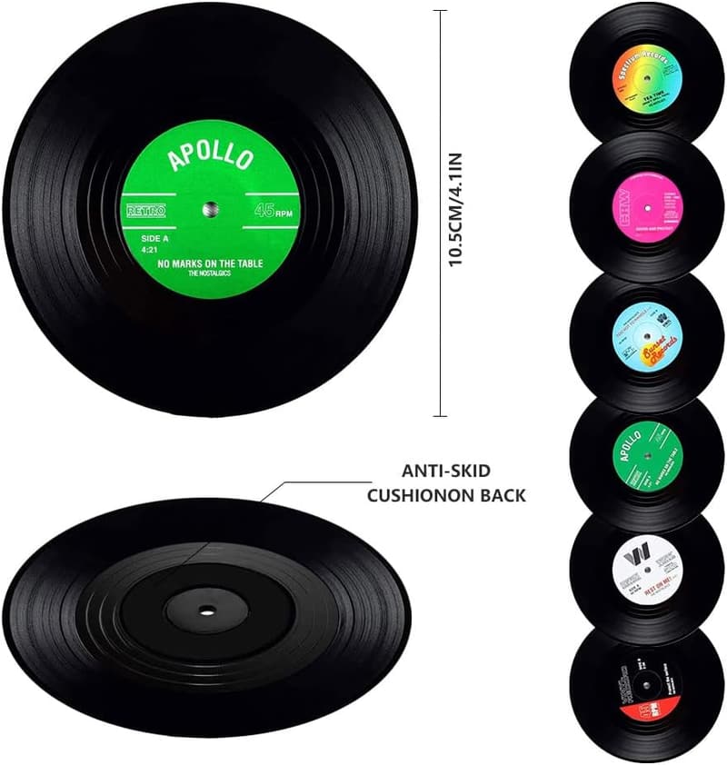 Vinyl Record Drink Coasters Set of 6 with Gift Box