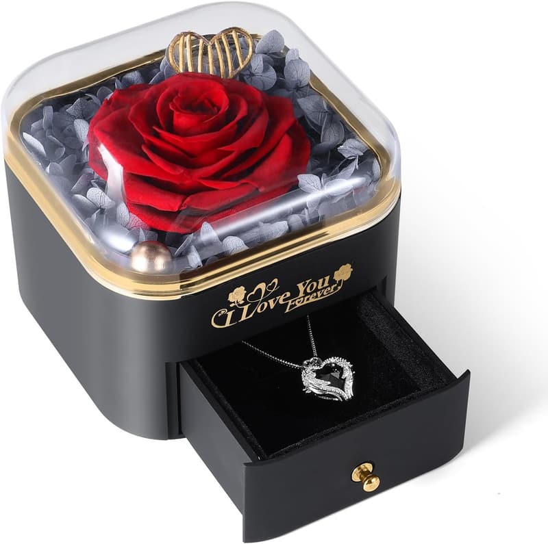 Anniversary Gift: Preserved Rose Heart Necklace & Jewelry Box