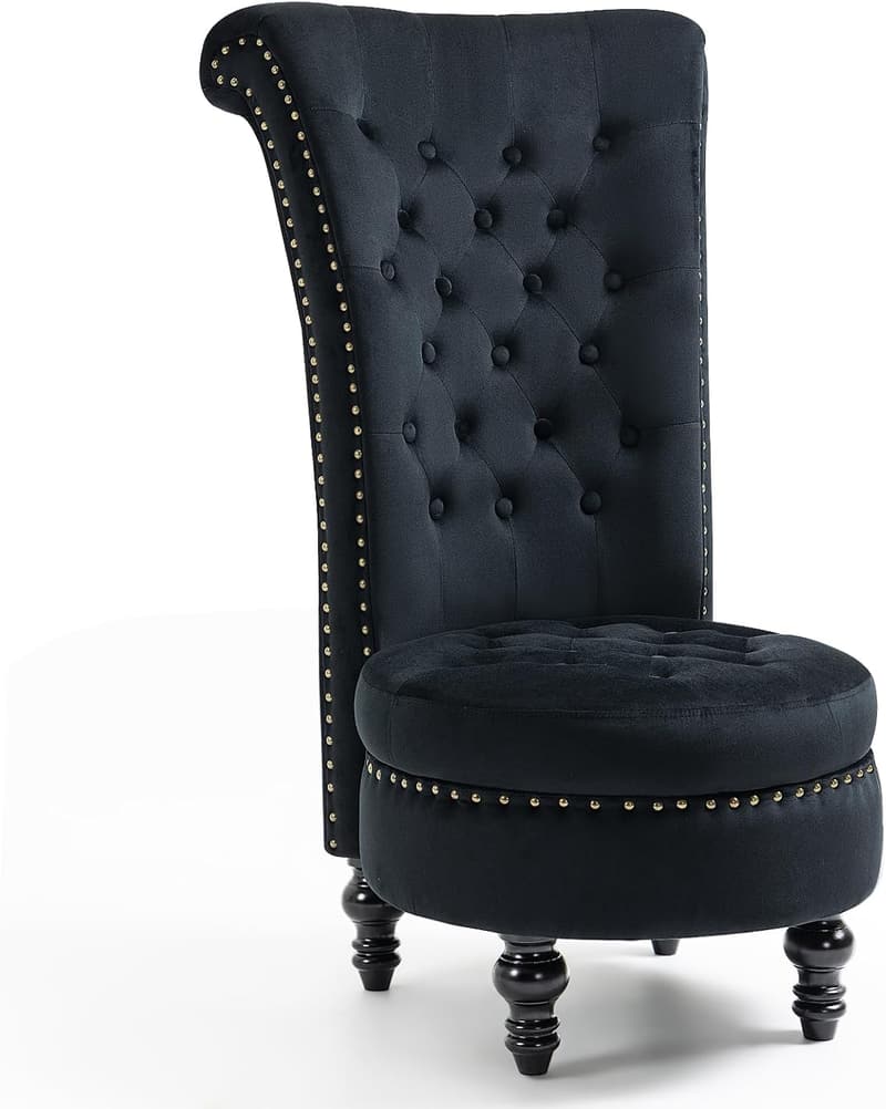 Velvet High Back Throne Chair with Storage, Black