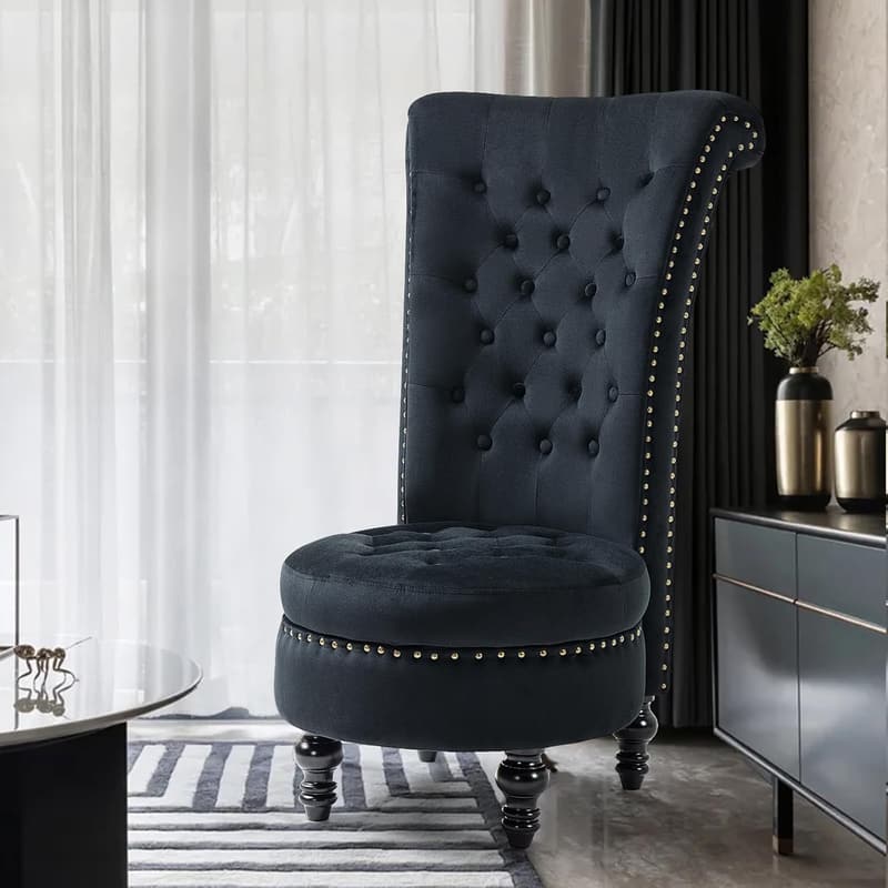 Velvet High Back Throne Chair with Storage, Black