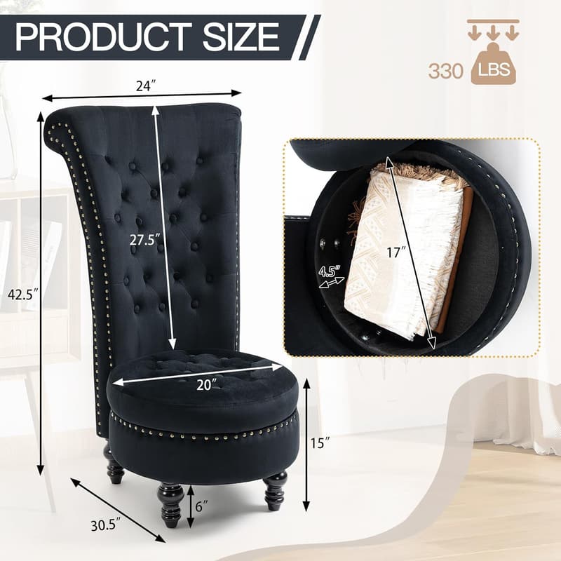 Velvet High Back Throne Chair with Storage, Black