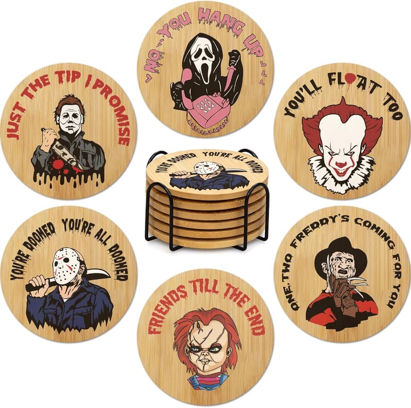 Halloween Spooky Character Coasters Set with Holder
