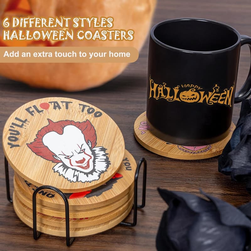 Halloween Spooky Character Coasters Set with Holder