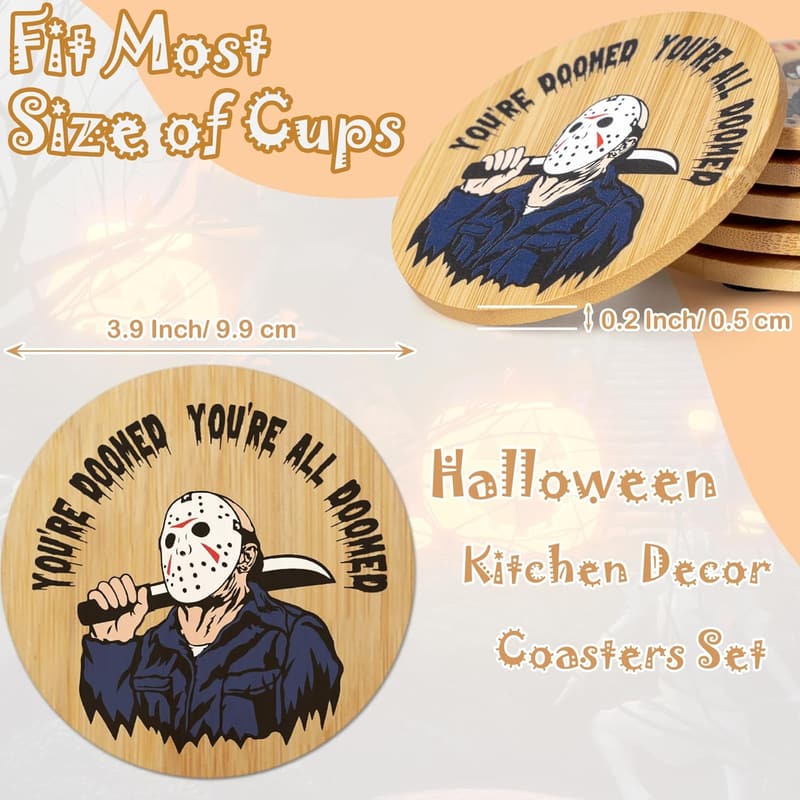 Halloween Spooky Character Coasters Set with Holder