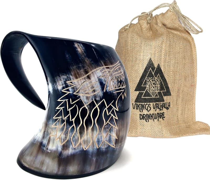 Hand Engraved Stark House Drinking Horn Mug - 16oz Tankard
