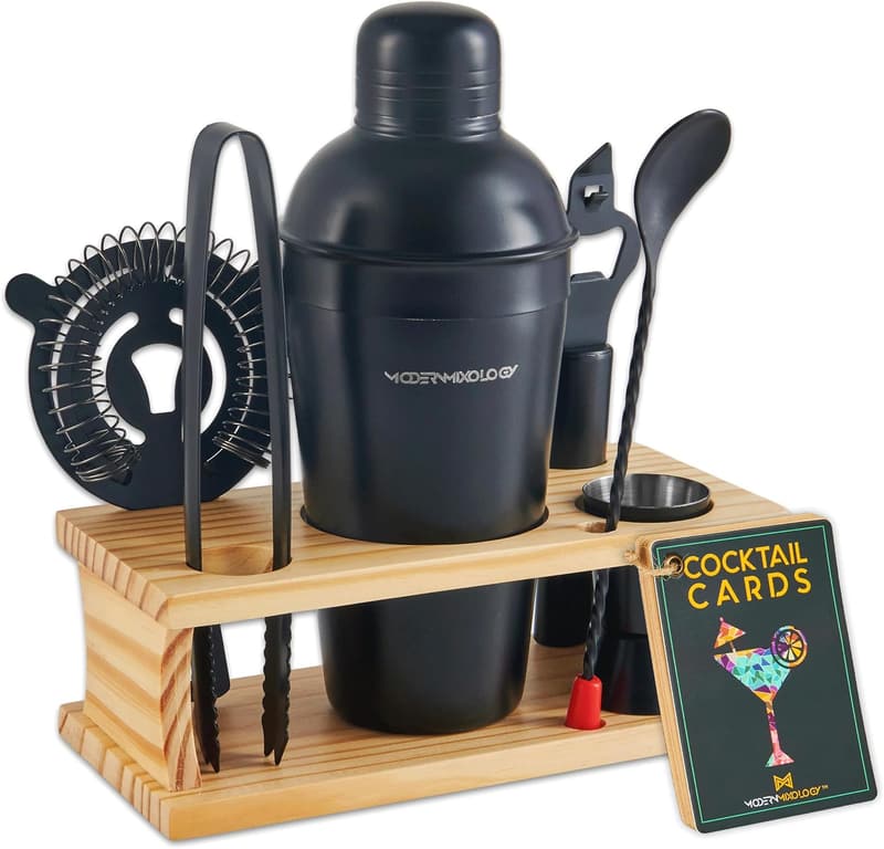 8-Piece Black Matte Cocktail Shaker Set with Stand & Recipes